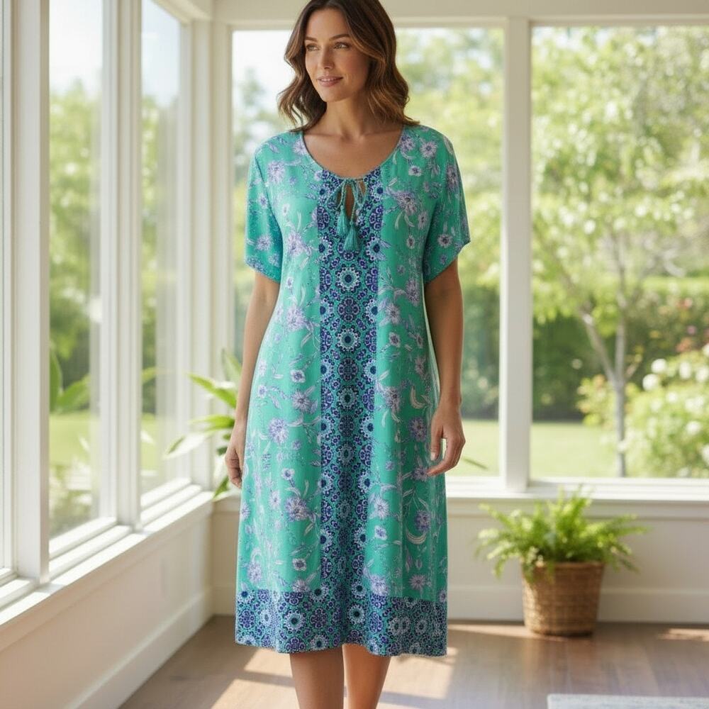 Lands End Green Blue Sheath Dress Sz L Tie Keyhole Neckline‎ Stretchy